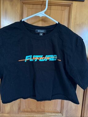 Missguided Black Cropped Tee with Blue & Orange Graphic